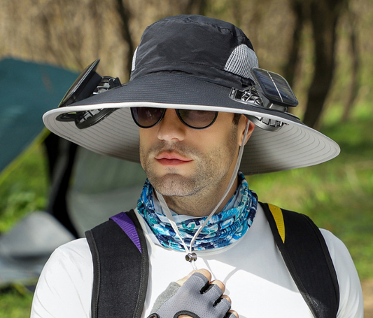 Black Dual Solar Fan Hat with Rechargeable Battery - Wide Brim UPF 50+ Sun Protection Bucket Hat for Fishing V888-ELOSUNG41725