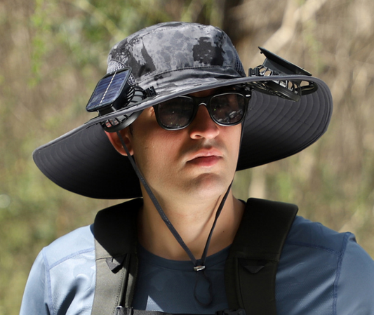 Dual Solar Fan Hat with Rechargeable Battery - Wide Brim UPF 50+ Sun Protection Bucket Hat - Dark Grey Ink V888-ELOSUNG41729