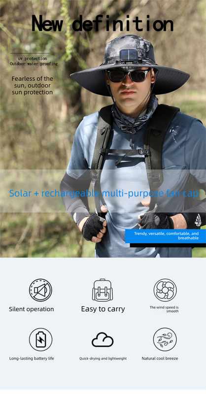 Dual Solar Fan Hat with Rechargeable Battery - Wide Brim UPF 50+ Sun Protection Bucket Hat - Dark Grey Ink V888-ELOSUNG41729