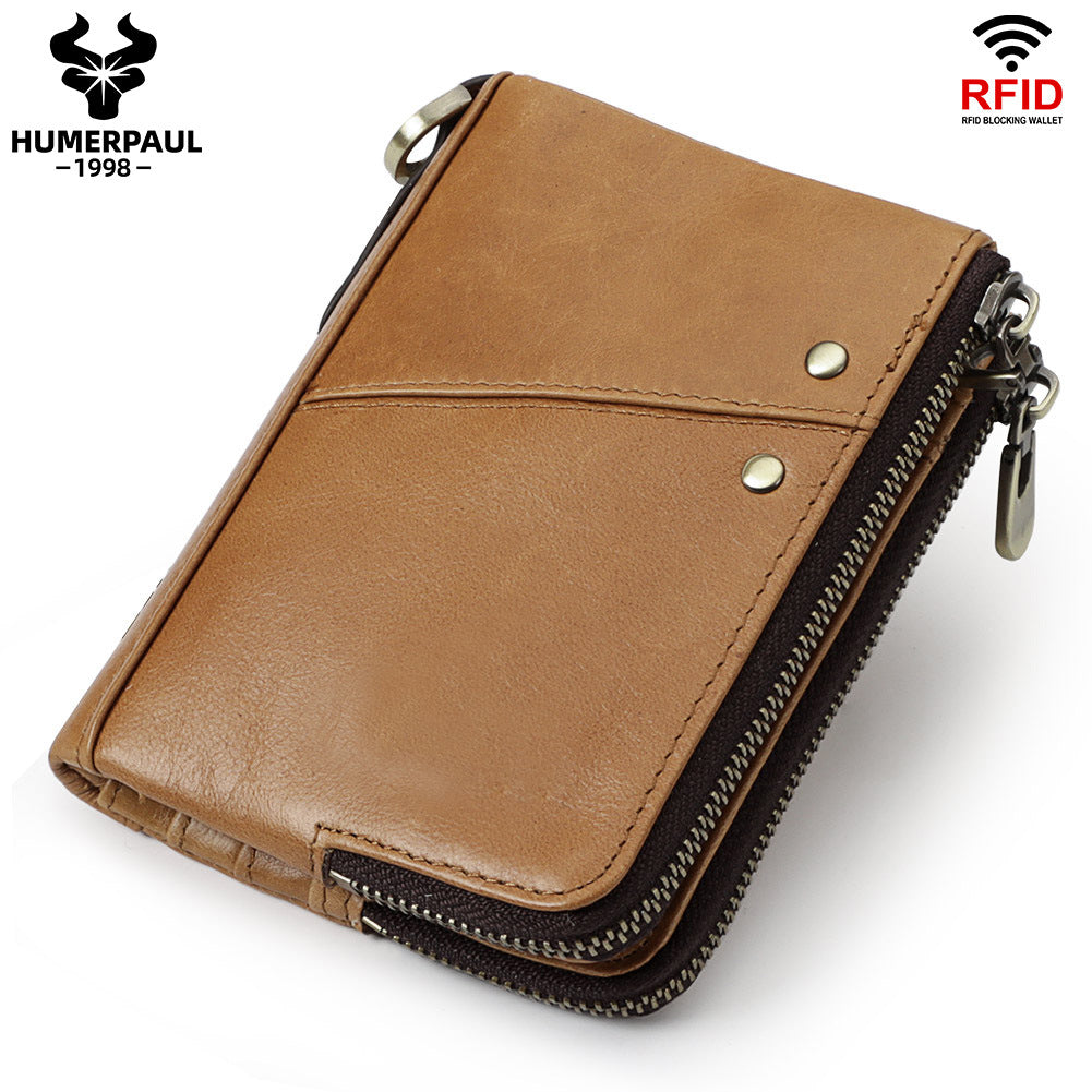 Genuine Leather Mens Wallet Double Zipper - RFID Blocking Bifold Card Holder with Coin Pocket - Vintage Brown V888-ELOSUNG41730