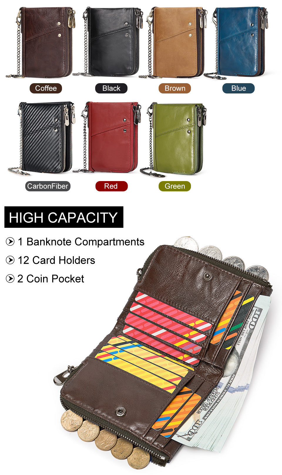 Genuine Leather Mens Wallet Double Zipper - RFID Blocking Bifold Card Holder with Coin Pocket - Vintage Brown V888-ELOSUNG41730