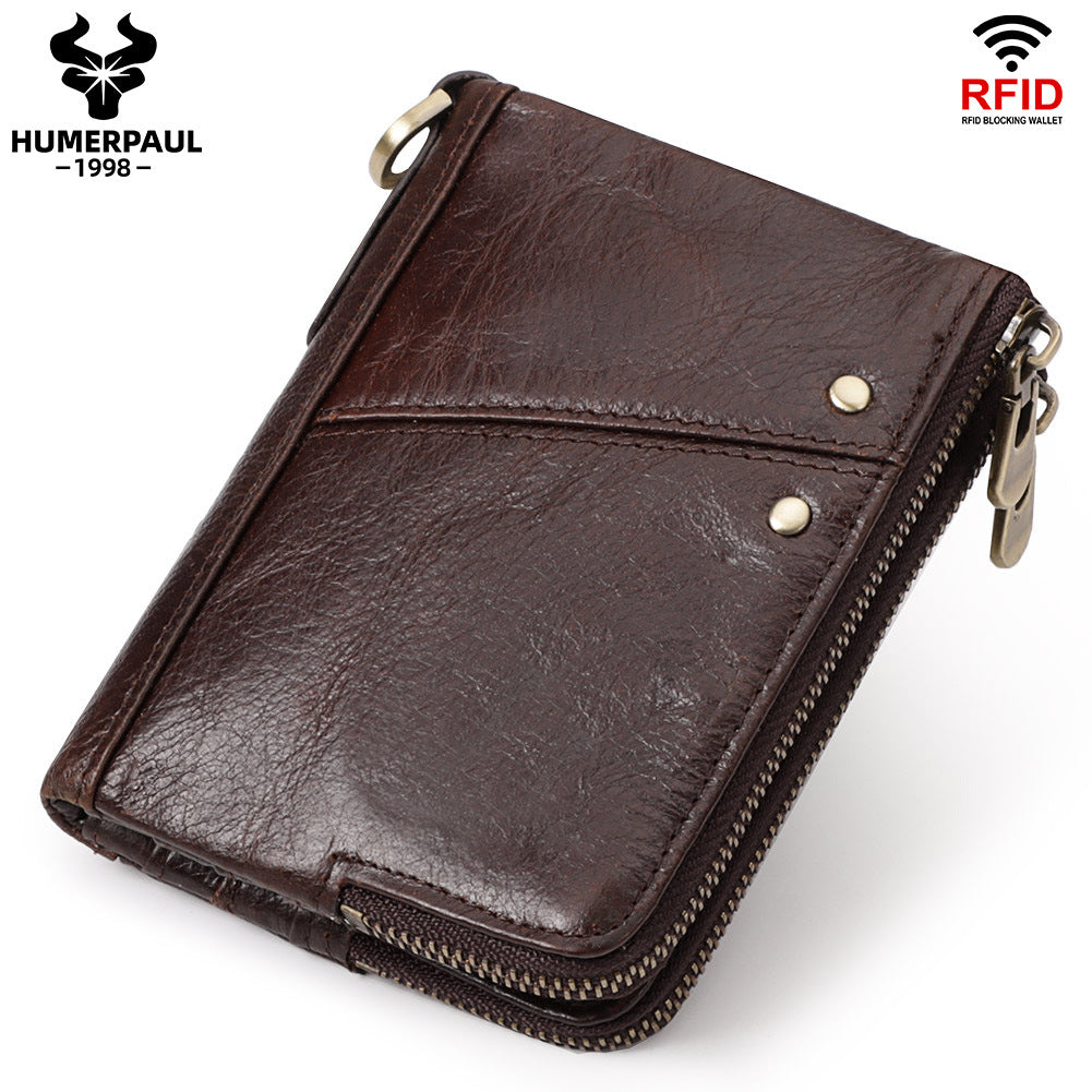 Genuine Leather Mens Wallet Double Zipper - RFID Blocking Bifold Card Holder with Coin Pocket - Coffee Gift V888-ELOSUNG41731
