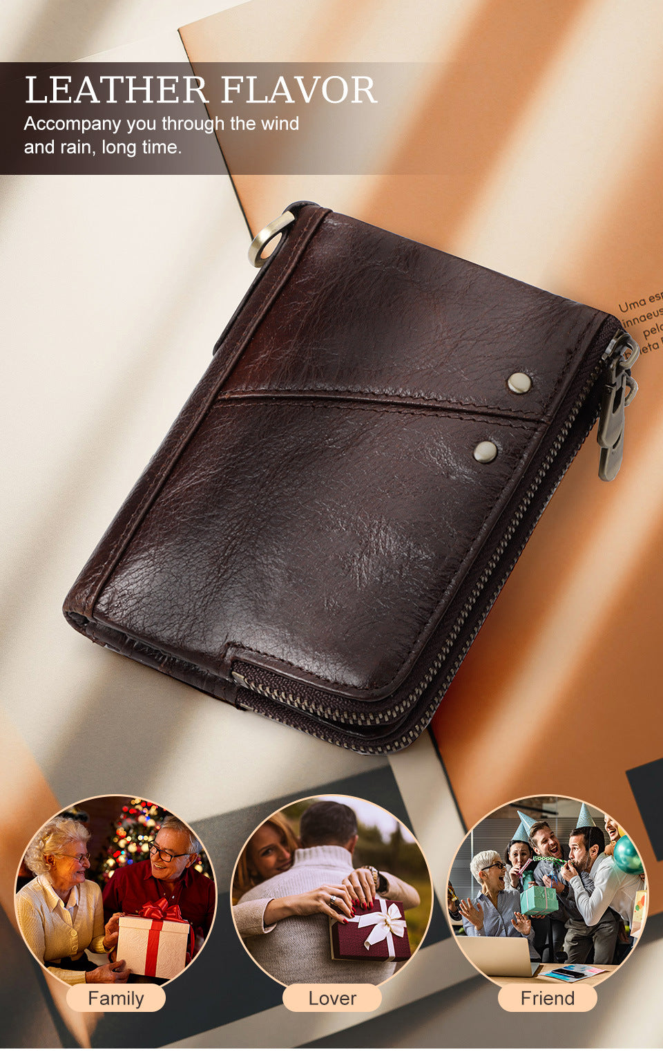 Genuine Leather Mens Wallet Double Zipper - RFID Blocking Bifold Card Holder with Coin Pocket - Coffee Gift V888-ELOSUNG41731