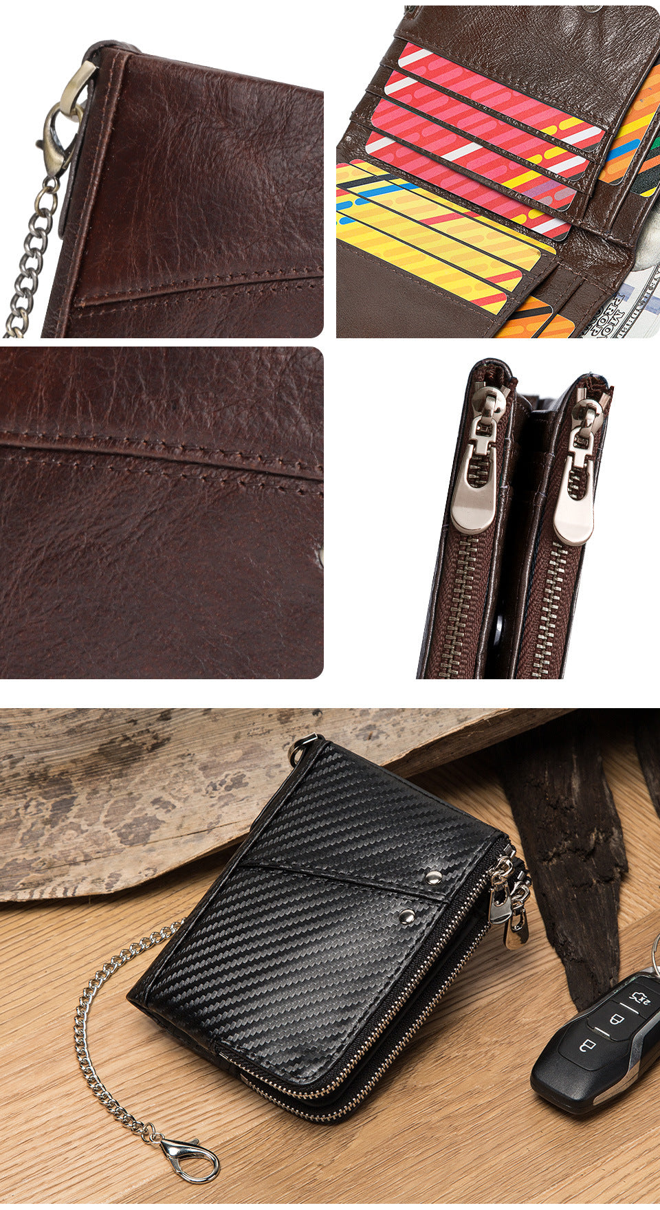 Genuine Leather Mens Wallet Double Zipper - RFID Blocking Bifold Card Holder with Coin Pocket - Coffee Gift V888-ELOSUNG41731