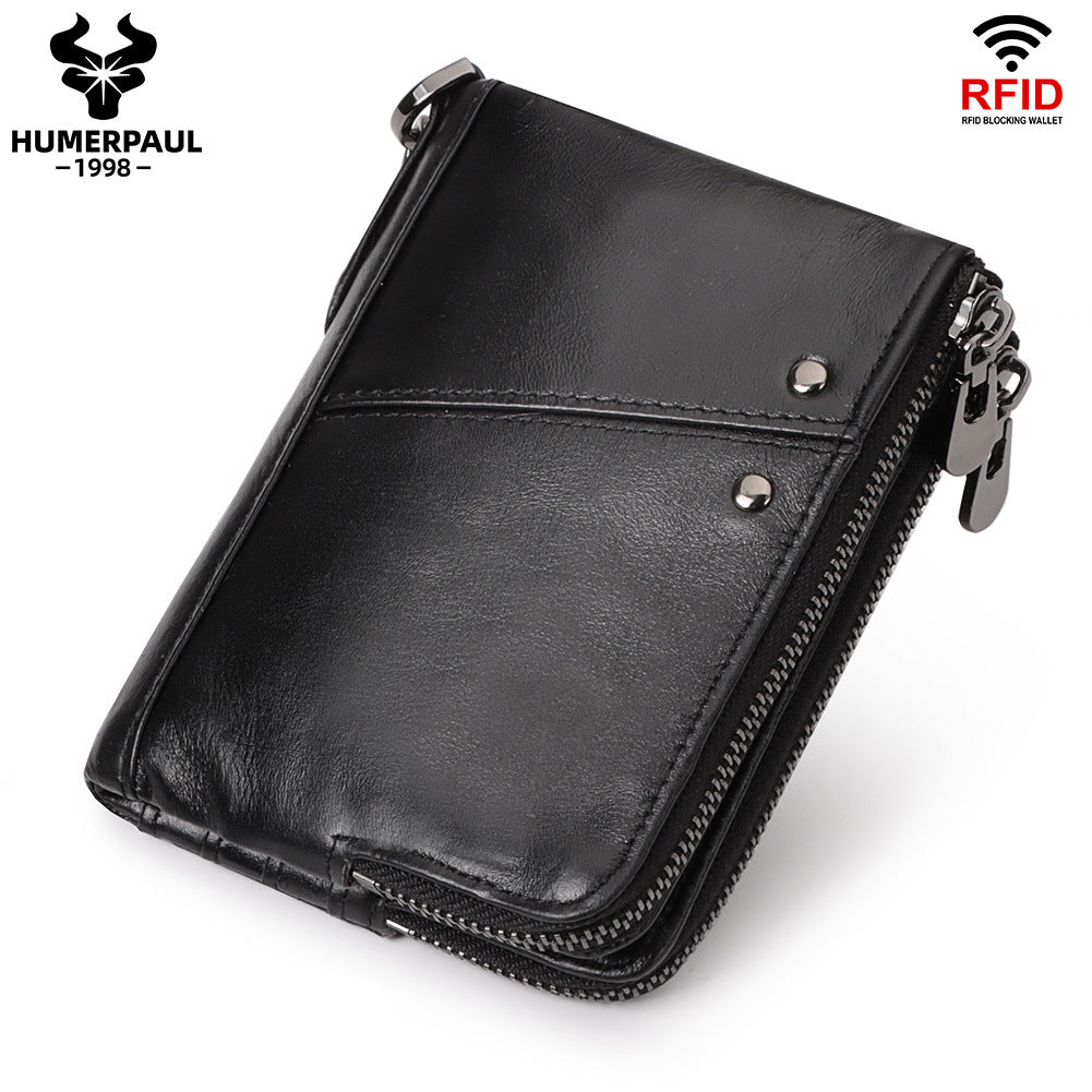 Genuine Leather Mens Wallet Double Zipper - RFID Blocking Bifold Card Holder with Coin Pocket - Black Gift V888-ELOSUNG41732