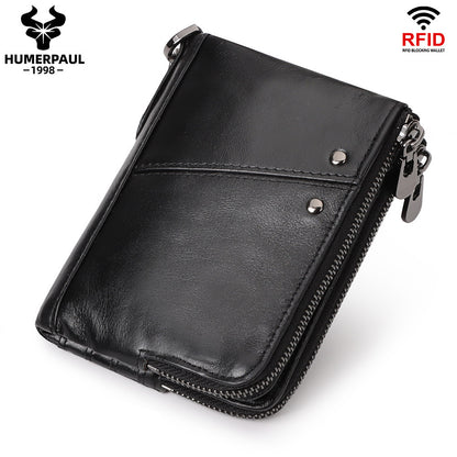 Genuine Leather Mens Wallet Double Zipper - RFID Blocking Bifold Card Holder with Coin Pocket - Black Gift V888-ELOSUNG41732