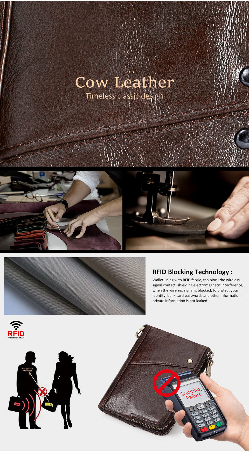 Genuine Leather Mens Wallet Double Zipper - RFID Blocking Bifold Card Holder with Coin Pocket - Black Gift V888-ELOSUNG41732
