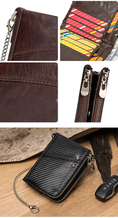 Genuine Leather Mens Wallet Double Zipper - RFID Blocking Bifold Card Holder with Coin Pocket - Black Gift V888-ELOSUNG41732