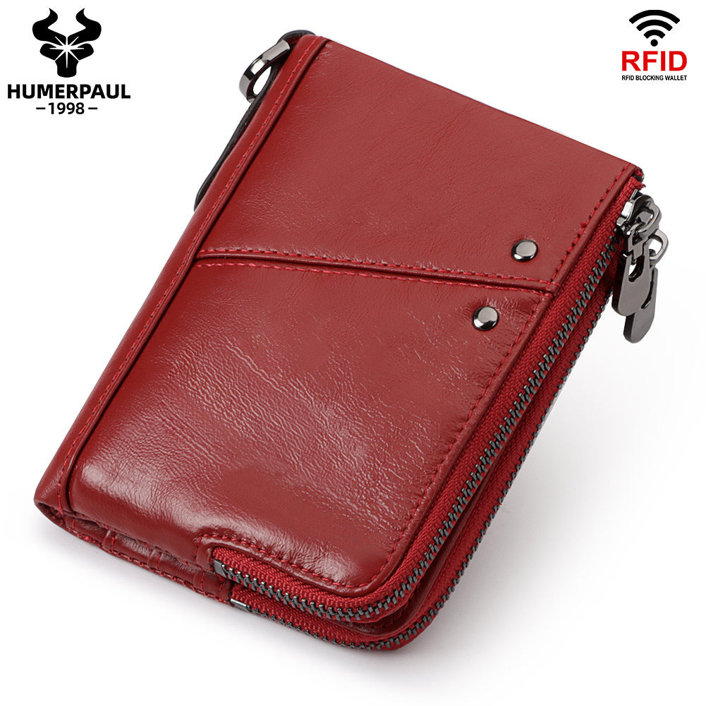 Genuine Leather Mens Wallet Double Zipper - RFID Blocking Bifold Card Holder with Coin Pocket - Red Gift for V888-ELOSUNG41733