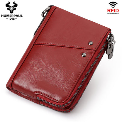 Genuine Leather Mens Wallet Double Zipper - RFID Blocking Bifold Card Holder with Coin Pocket - Red Gift for V888-ELOSUNG41733