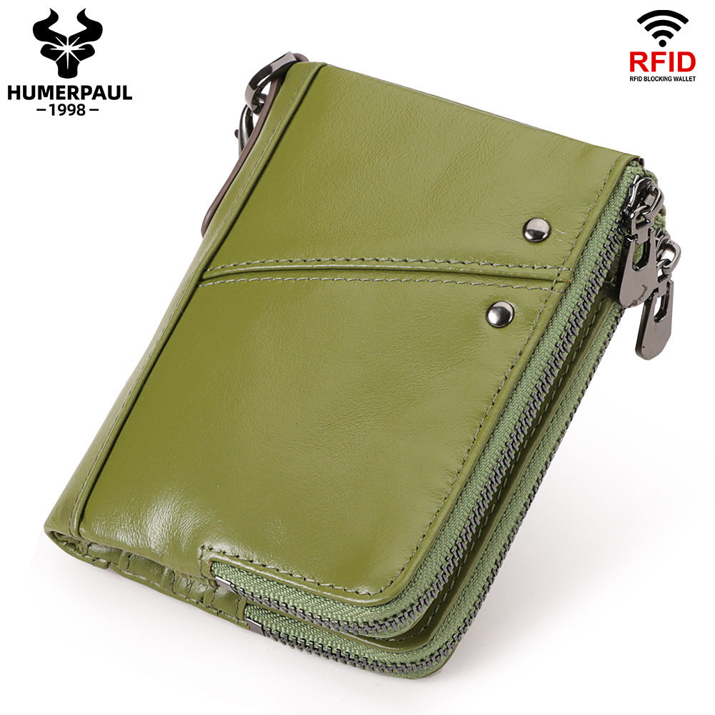 Genuine Leather Mens Wallet Double Zipper - RFID Blocking Bifold Card Holder with Coin Pocket - Green Gift V888-ELOSUNG41734