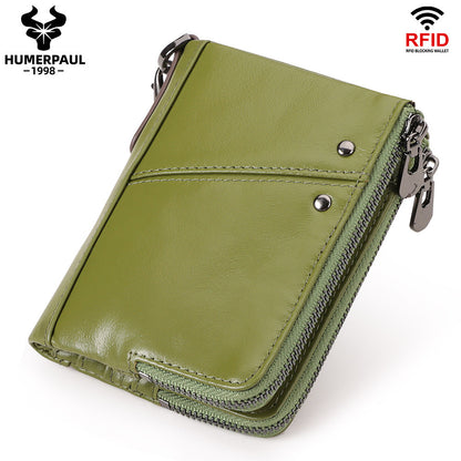 Genuine Leather Mens Wallet Double Zipper - RFID Blocking Bifold Card Holder with Coin Pocket - Green Gift V888-ELOSUNG41734
