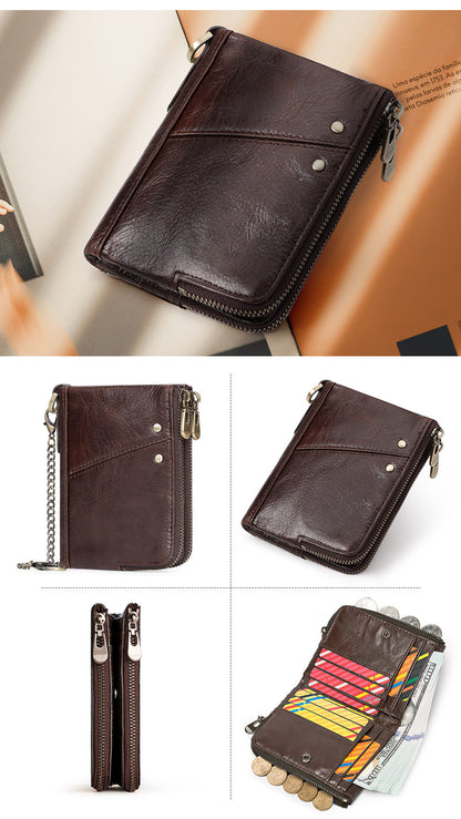 Genuine Leather Mens Wallet Double Zipper - RFID Blocking Bifold Card Holder with Coin Pocket - Green Gift V888-ELOSUNG41734