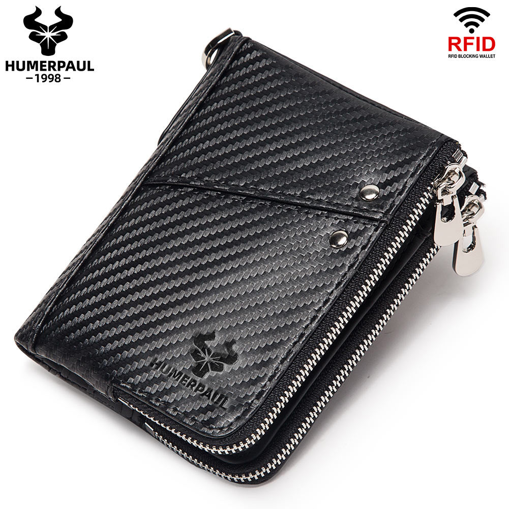 Carbon Fiber Texture Leather Mens Wallet - RFID Blocking Double Zipper Bifold - Vertical Card Holder with V888-ELOSUNG41741