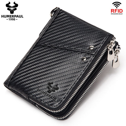 Carbon Fiber Texture Leather Mens Wallet - RFID Blocking Double Zipper Bifold - Vertical Card Holder with V888-ELOSUNG41741