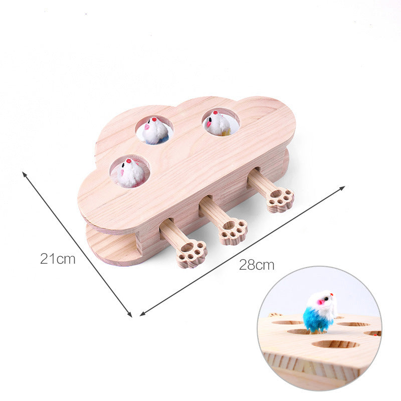 Interactive Wooden Cat Toy Whack-A-Mole Box - Solid Pine Puzzle Game with Pop-Up Plush Mice - Mental V888-ELOSUNG41750