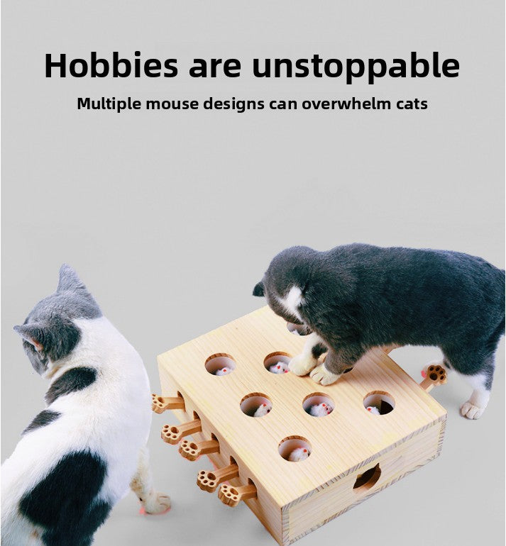 Interactive Wooden Cat Toy Whack-A-Mole Box - Solid Pine Puzzle Game with Pop-Up Plush Mice - Mental V888-ELOSUNG41750
