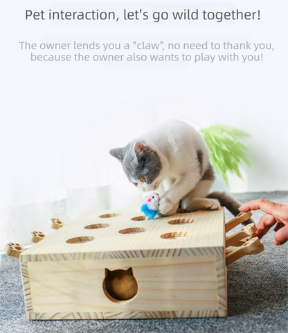 Interactive Wooden Cat Toy Whack-A-Mole Box - Solid Pine Puzzle Game with Pop-Up Plush Mice - Mental V888-ELOSUNG41750