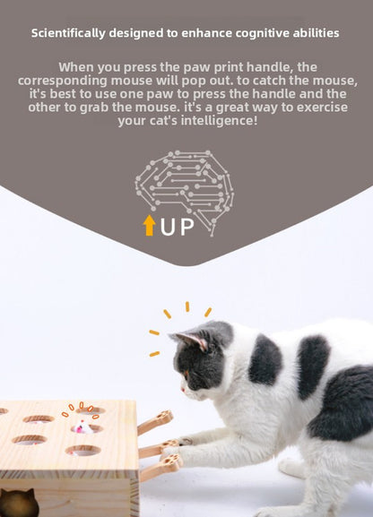 Interactive Wooden Cat Toy Whack-A-Mole Box - Solid Pine Cloud Puzzle with Pop-Up Cartoon Figures - Mental V888-ELOSUNG41751