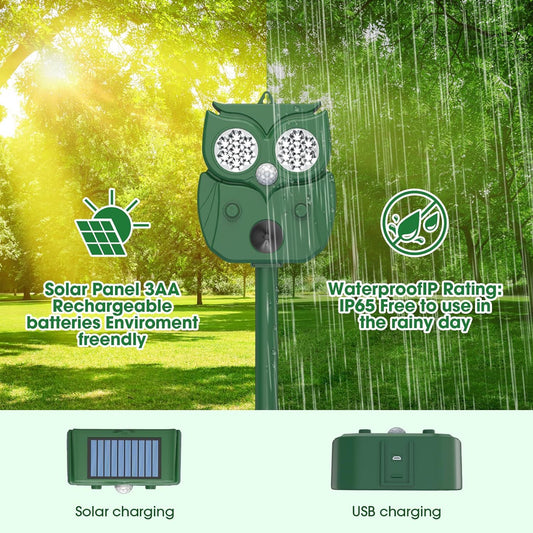 Solar Ultrasonic Animal Repeller - Owl Design with 14 LED Flashing Lights - Outdoor Motion Sensor Deterrent V888-ELOSUNG41772