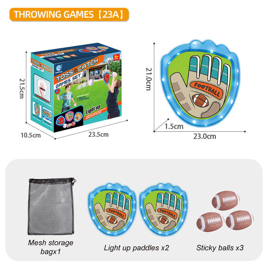LED Light Up Toss and Catch Game Set - 2 Glowing Blue Paddles & 3 Sticky Rugby - Fun Outdoor Beach & Camping V888-ELOSUNG41819