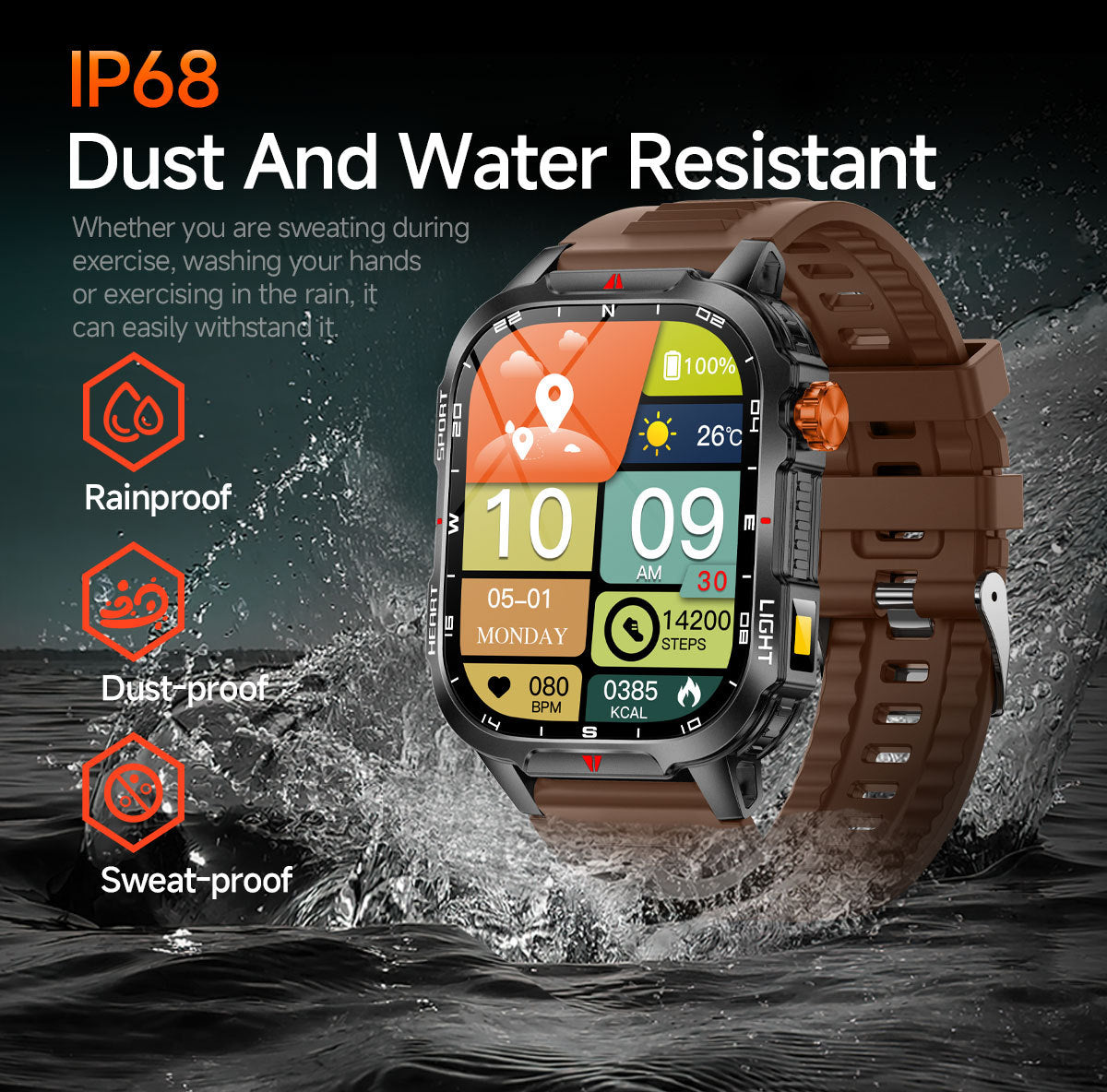 Rugged Outdoor Smart Watch for Men - 1100mAh Extra Long Battery with LED Flashlight & Compass - 2.01" HD V888-ELOSUNG41844