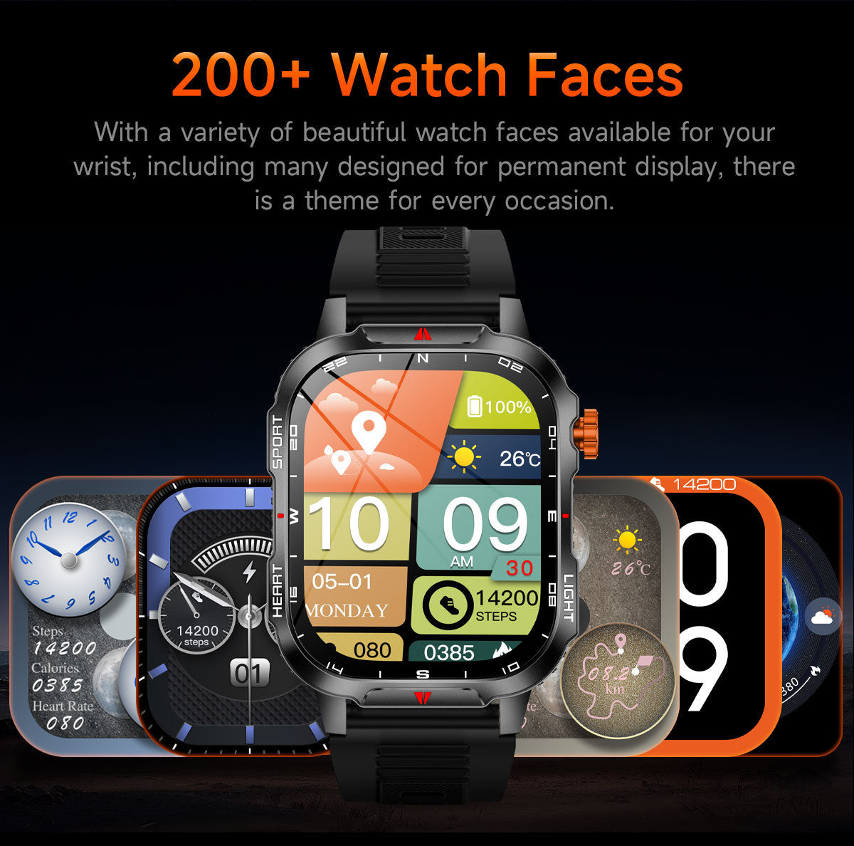 Rugged Outdoor Smart Watch for Men - 1100mAh Extra Long Battery with LED Flashlight & Compass - 2.01" HD V888-ELOSUNG41844