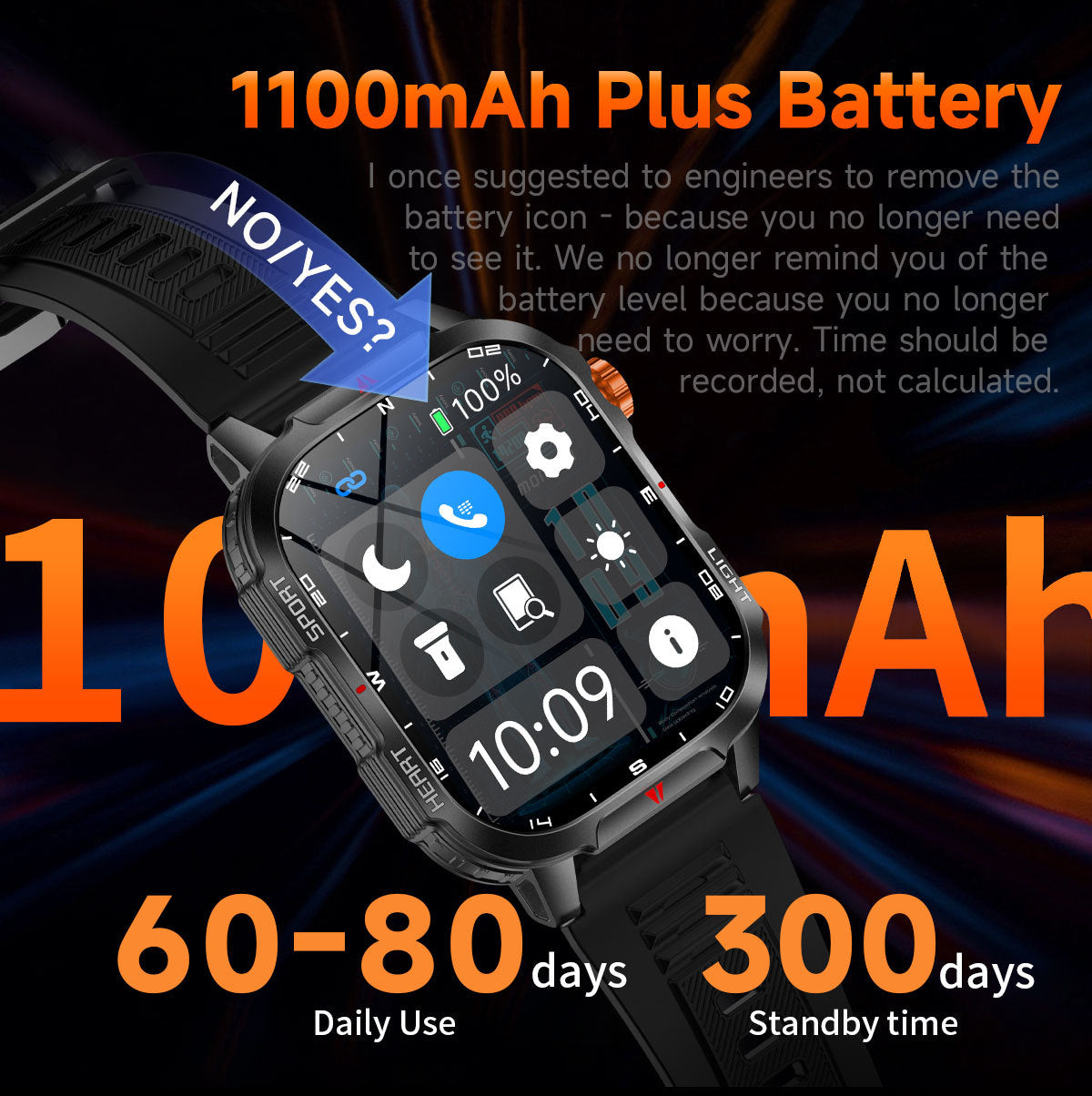 Rugged Outdoor Smart Watch for Men - 1100mAh Extra Long Battery with LED Flashlight & Compass - 2.01" HD V888-ELOSUNG41846
