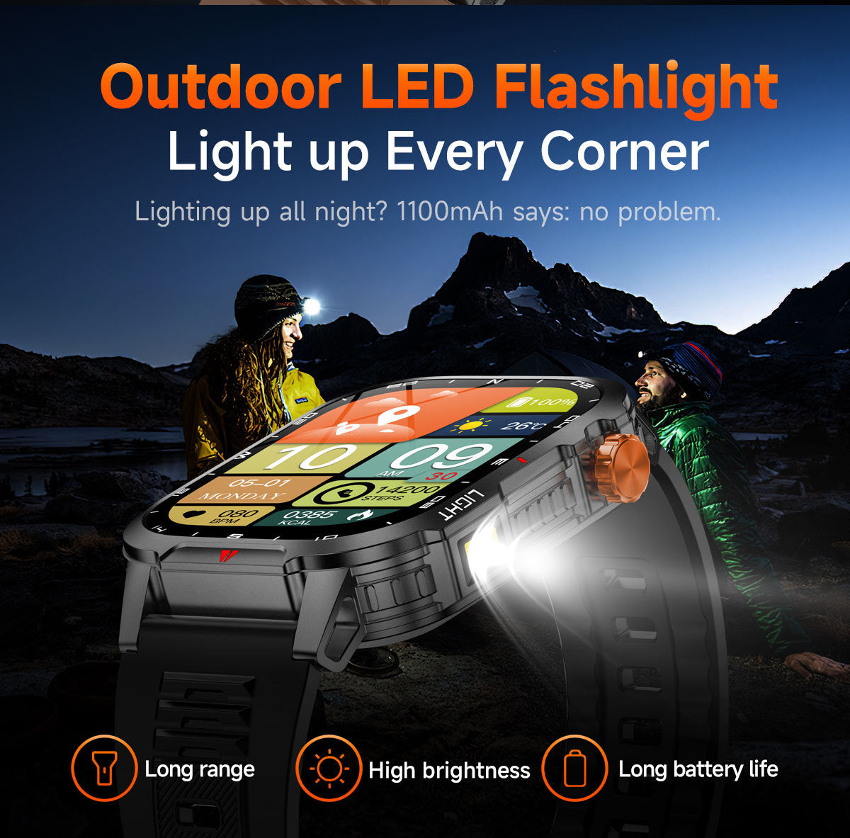 Rugged Outdoor Smart Watch for Men - 1100mAh Extra Long Battery with LED Flashlight & Compass - 2.01" HD V888-ELOSUNG41846