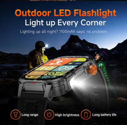 Rugged Outdoor Smart Watch for Men - 1100mAh Extra Long Battery with LED Flashlight & Compass - 2.01" HD V888-ELOSUNG41846