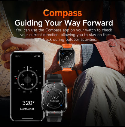 Rugged Outdoor Smart Watch for Men - 1100mAh Extra Long Battery with LED Flashlight & Compass - 2.01" HD V888-ELOSUNG41846