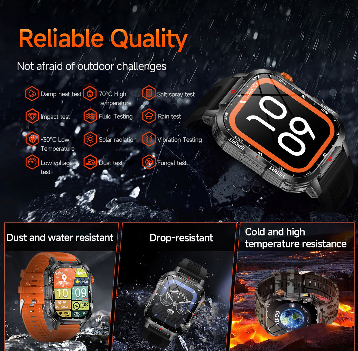 Rugged Outdoor Smart Watch for Men - 1100mAh Extra Long Battery with LED Flashlight & Compass - 2.01" HD V888-ELOSUNG41846