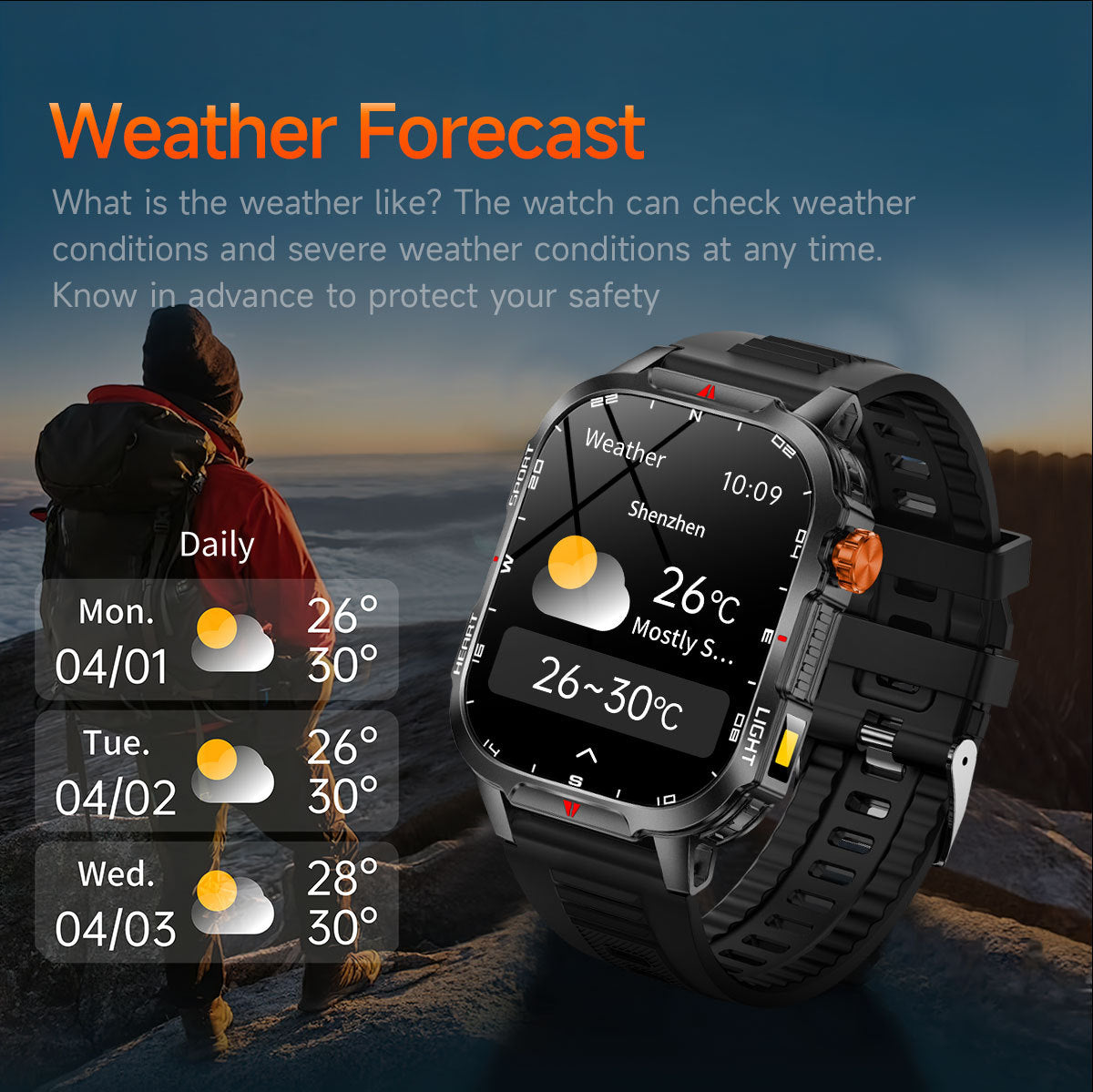 Rugged Outdoor Smart Watch for Men - 1100mAh Extra Long Battery with LED Flashlight & Compass - 2.01" HD V888-ELOSUNG41846