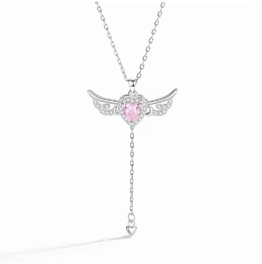S925 Sterling Silver Angel Wings Necklace with Pink Heart Crystal & Tassel Drop Adjustable Chain Jewellery V888-ELOSUNG41993