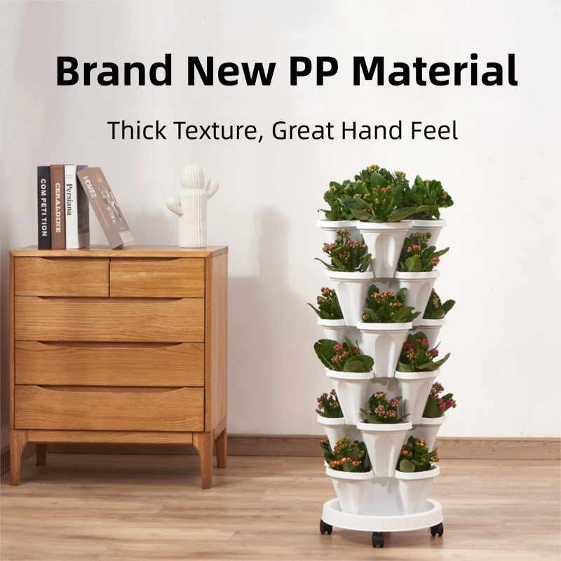White 3-Tier Stackable Strawberry & Vegetable Planter with Mobile Wheel Tray - Space-Saving Vertical V888-ELOSUNG42002