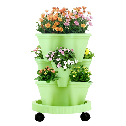 Green 3-Tier Stackable Strawberry & Vegetable Planter with Mobile Wheel Tray - Space-Saving Vertical V888-ELOSUNG42020