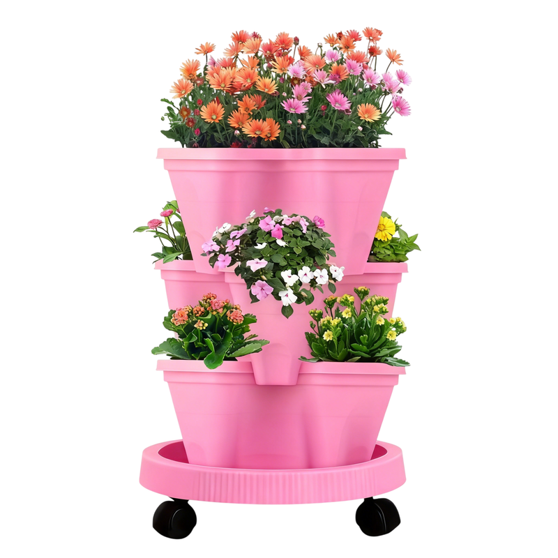 Pink 3-Tier Stackable Strawberry & Vegetable Planter with Mobile Wheel Tray - Space-Saving Vertical Gardening V888-ELOSUNG42021
