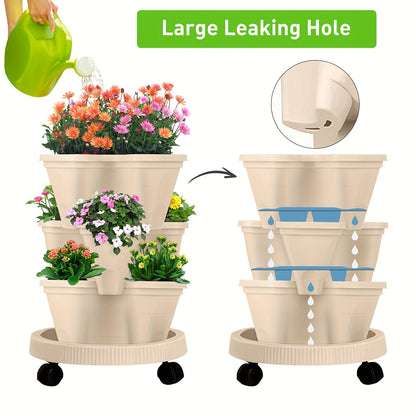 Pink 3-Tier Stackable Strawberry & Vegetable Planter with Mobile Wheel Tray - Space-Saving Vertical Gardening V888-ELOSUNG42021