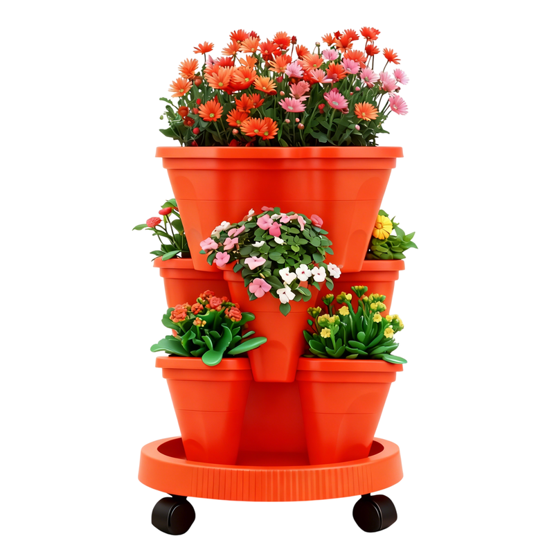 Red 3-Tier Stackable Strawberry & Vegetable Planter with Mobile Wheel Tray - Space-Saving Vertical Gardening V888-ELOSUNG42022