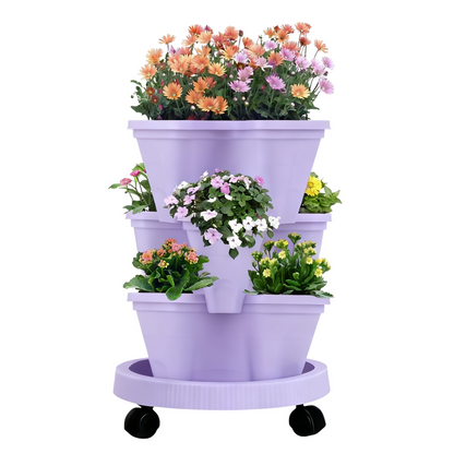 Purple 3-Tier Stackable Strawberry & Vegetable Planter with Mobile Wheel Tray - Space-Saving Vertical V888-ELOSUNG42023