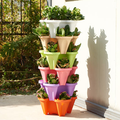 Beige 3-Tier Stackable Strawberry & Vegetable Planter with Mobile Wheel Tray - Space-Saving Vertical V888-ELOSUNG42024