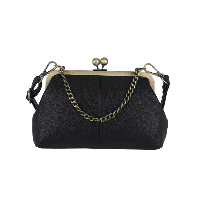 Black Retro Women's Shell Handbag - European Style Clip Lock Closure PU Clutch/Shoulder Bag with Chain Strap V888-ELOSUNG42040