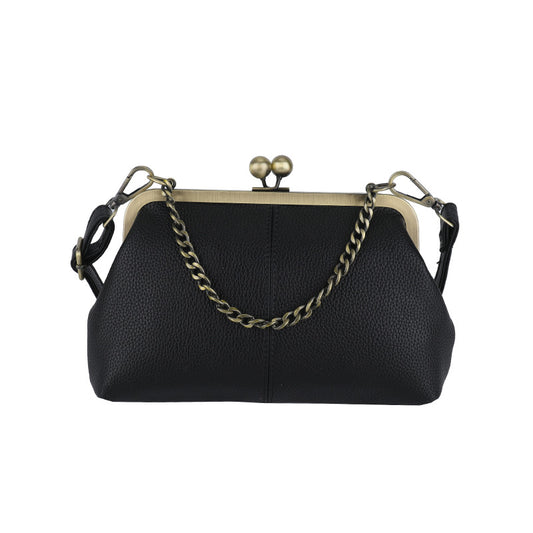 Black Retro Women's Shell Handbag - European Style Clip Lock Closure PU Clutch/Shoulder Bag with Chain Strap V888-ELOSUNG42040