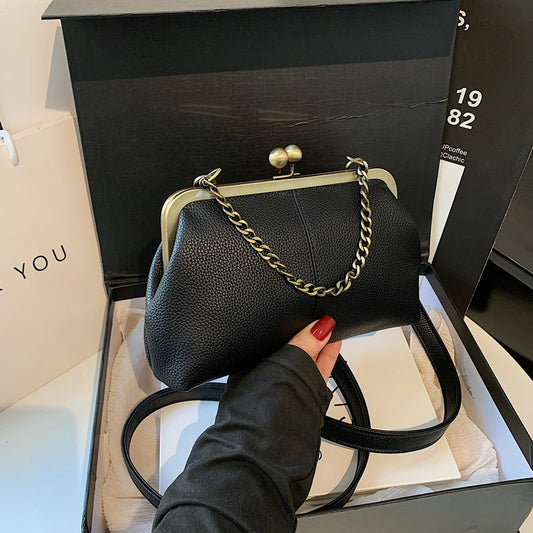 Black Retro Women's Shell Handbag - European Style Clip Lock Closure PU Clutch/Shoulder Bag with Chain Strap V888-ELOSUNG42040