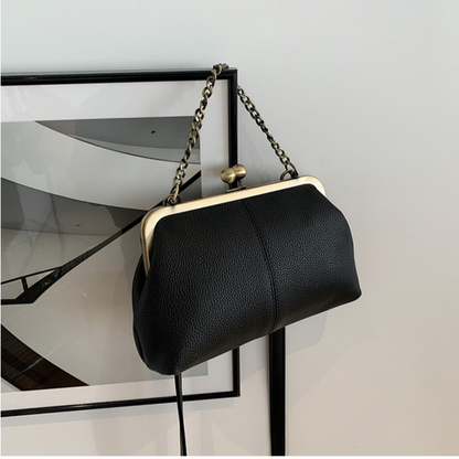 Black Retro Women's Shell Handbag - European Style Clip Lock Closure PU Clutch/Shoulder Bag with Chain Strap V888-ELOSUNG42040