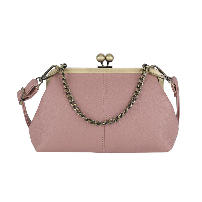 Pink Retro Women's Shell Handbag - European Style Clip Lock Closure PU Clutch/Shoulder Bag with Chain Strap V888-ELOSUNG42042
