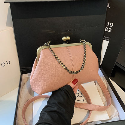 Pink Retro Women's Shell Handbag - European Style Clip Lock Closure PU Clutch/Shoulder Bag with Chain Strap V888-ELOSUNG42042