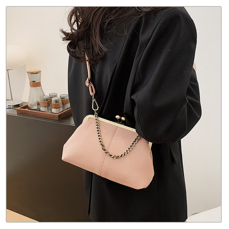 Pink Retro Women's Shell Handbag - European Style Clip Lock Closure PU Clutch/Shoulder Bag with Chain Strap V888-ELOSUNG42042