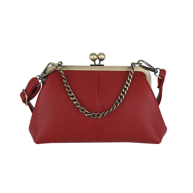 Red Retro Women's Shell Handbag - European Style Clip Lock Closure PU Clutch/Shoulder Bag with Chain Strap V888-ELOSUNG42043