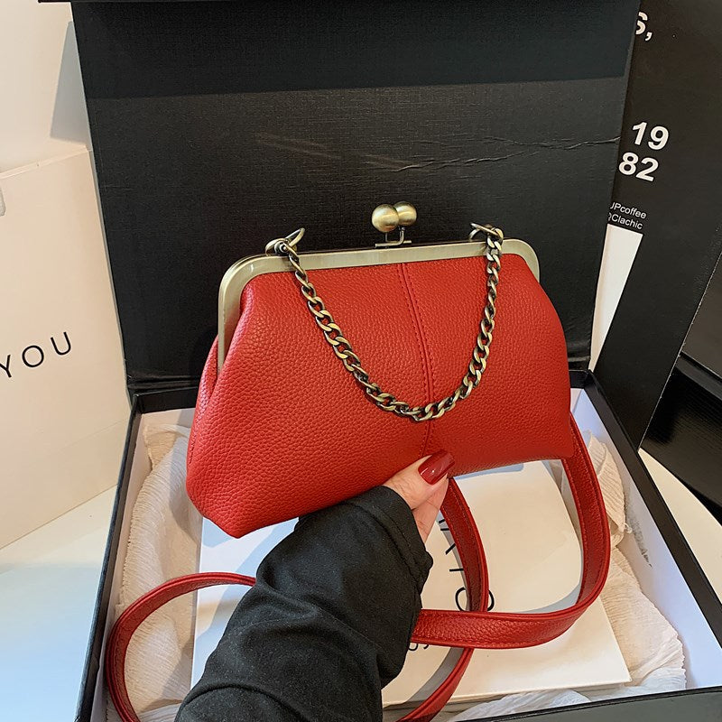 Red Retro Women's Shell Handbag - European Style Clip Lock Closure PU Clutch/Shoulder Bag with Chain Strap V888-ELOSUNG42043